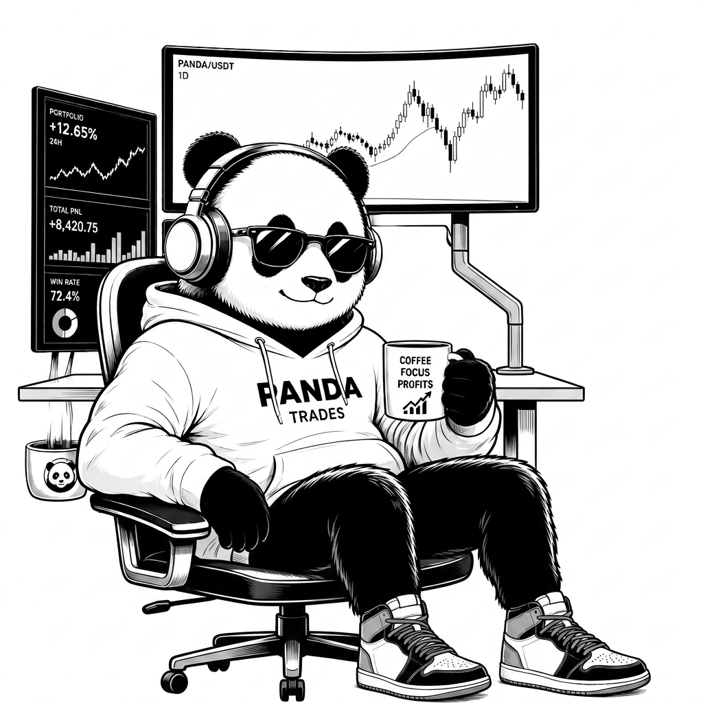 Panda trader wearing headphones analysing live market charts